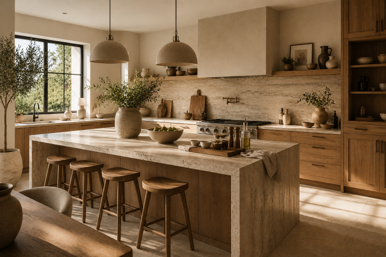 Cuisine élégante aux matières naturelles avec accessoires en bois, céramique, verre et marbre dans une ambiance chaleureuse.