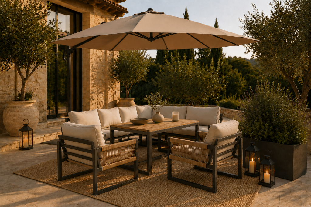 Les indispensables Maison Velora réunis sur une terrasse élégante avec salon de jardin, tapis, parasol, lanternes et jardinières.