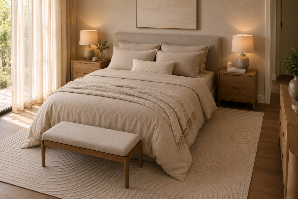 Lit habillé d’une parure beige avec tête de lit, plaid, coussins et grand tapis texturé
