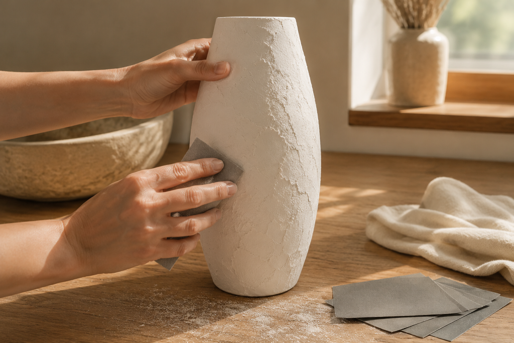 Ponçage délicat du vase texturé avec un papier abrasif fin pour lisser légèrement la surface tout en conservant le relief.
