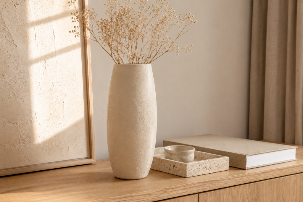 Vase effet céramique terminé avec une finition mate beige légèrement texturée, posé seul sur un établi en bois après la réalisation du DIY.
