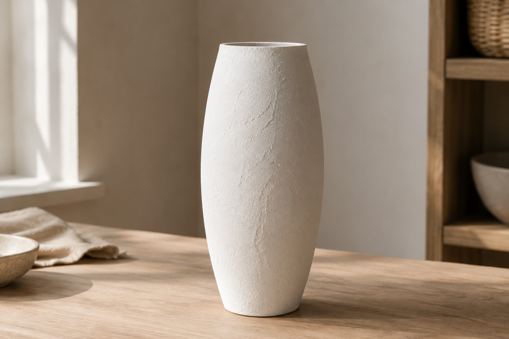 Vase entièrement recouvert d'enduit en train de sécher sur un établi en chêne baigné de lumière naturelle.
