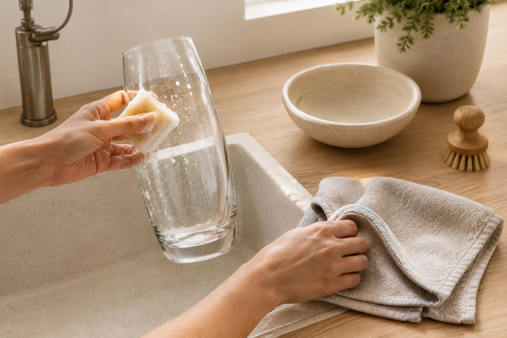 Nettoyage d'un vase en verre avec une éponge, du liquide vaisselle et un chiffon microfibre avant l'application de l'enduit.
