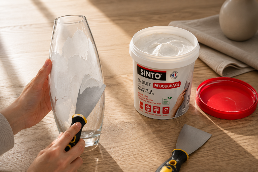 Application d'une fine couche d'enduit blanc sur un vase en verre à l'aide d'un couteau à enduire en acier inoxydable.
