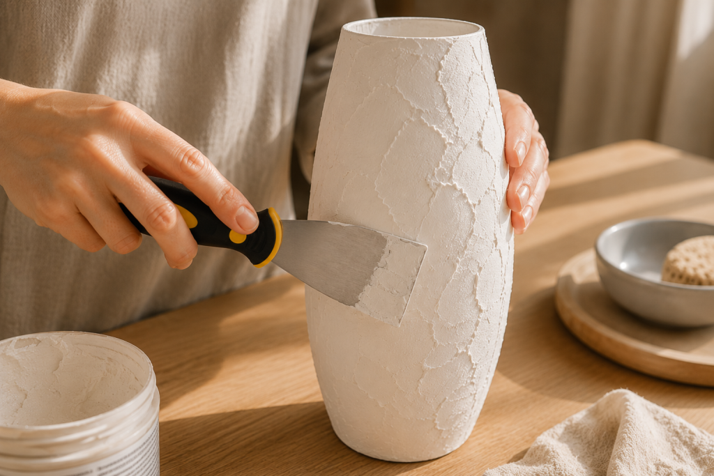Création d'une texture artisanale sur un vase recouvert d'enduit à l'aide d'un couteau à enduire pour imiter la céramique.

