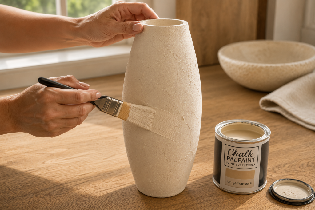 Application d'une peinture mate beige clair sur le vase texturé avec un pinceau plat pour créer un effet céramique réaliste.
