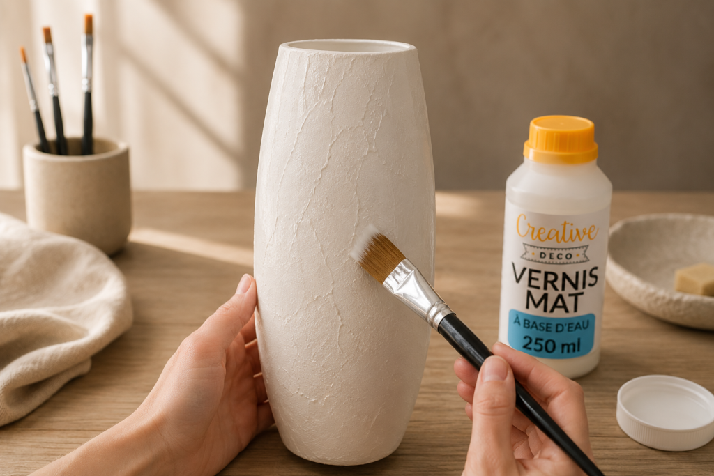 Application d'un vernis mat protecteur sur le vase effet céramique à l'aide d'un pinceau plat.
