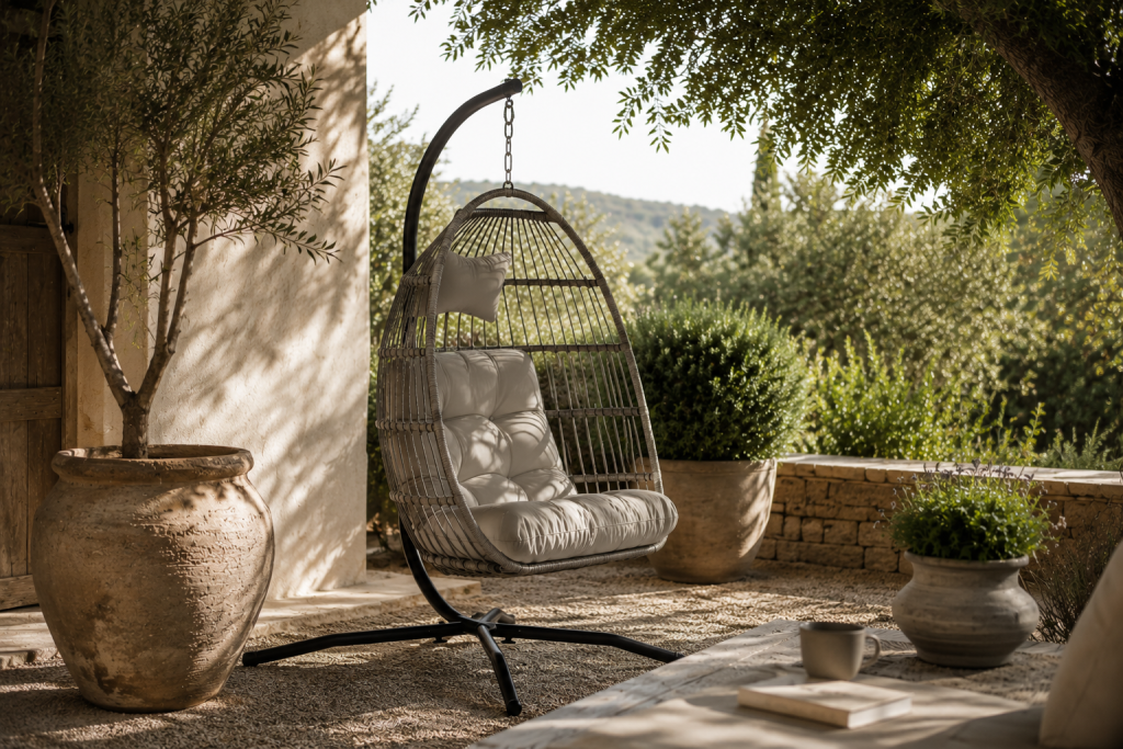 Fauteuil suspendu gris installé dans un coin détente d'un jardin méditerranéen élégant.