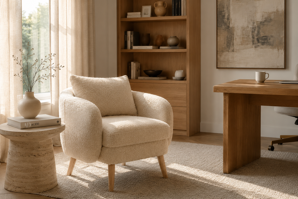 Fauteuil d'appoint élégant créant un coin lecture dans un bureau raffiné