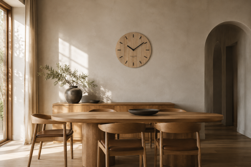 Horloge murale design décorant une salle à manger contemporaine aux tons naturels.

