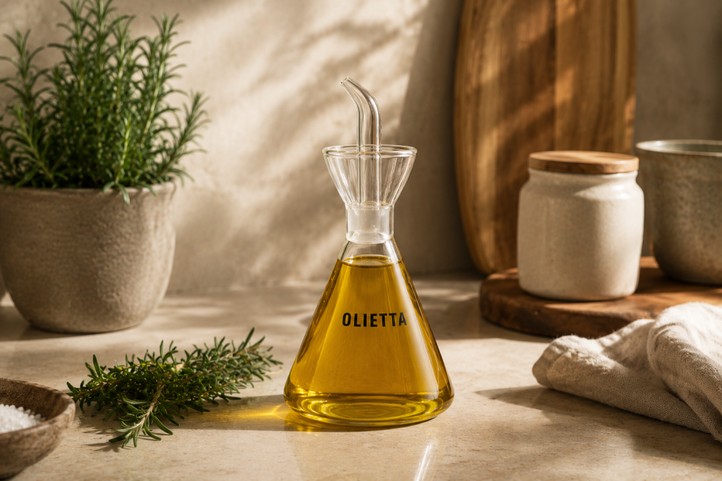 Huilier en verre nervuré posé sur un plan de travail en pierre dans une cuisine élégante et intemporelle.
