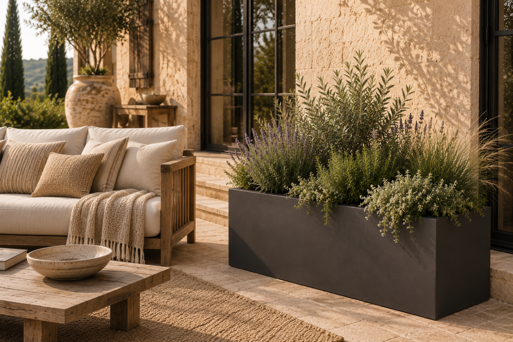 Grande jardinière contemporaine garnie de plantes méditerranéennes sur une terrasse élégante.