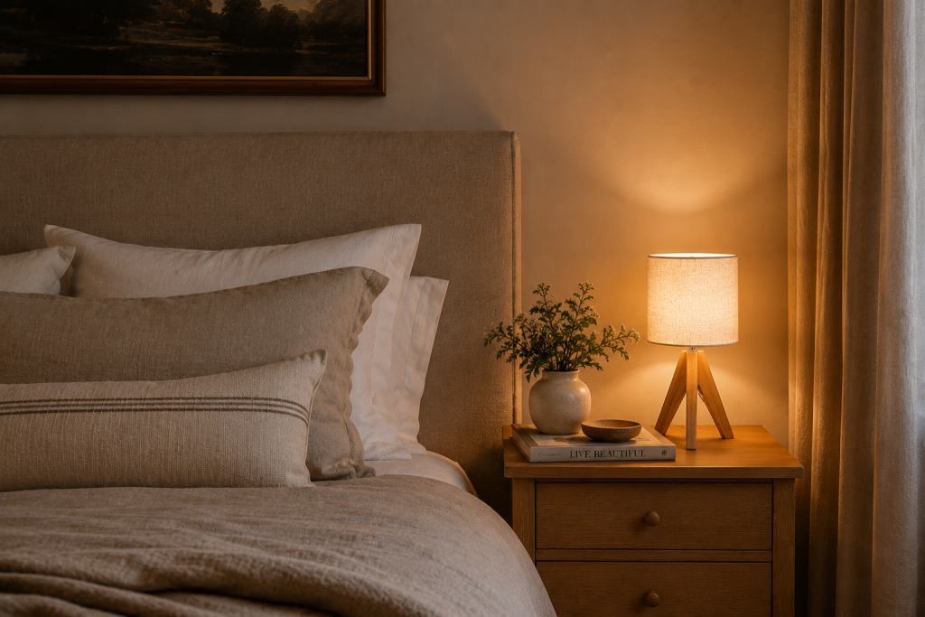 Petite lampe de chevet avec abat-jour en tissu diffusant une lumière chaude
