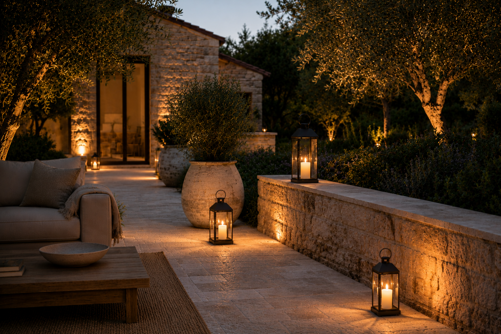 Trois lanternes extérieures diffusant une lumière douce sur une terrasse élégante.