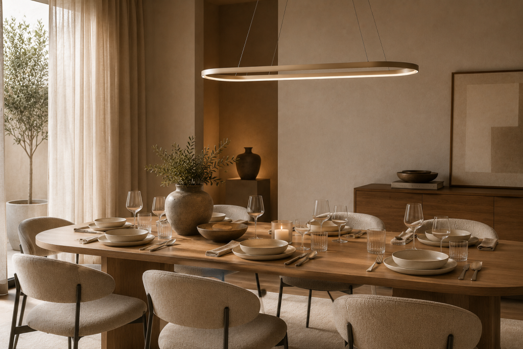 Table de salle à manger dressée avec une vaisselle en céramique, des verres en cristal, du linge de table et des accessoires décoratifs élégants.