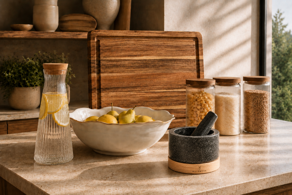 Sélection des cinq accessoires indispensables Maison Velora pour créer une cuisine élégante et intemporelle.