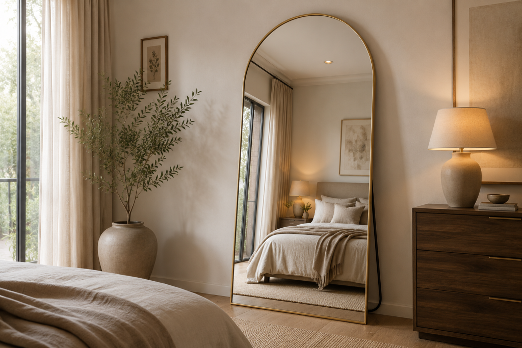 Grand miroir sur pied reflétant le lit d’une chambre élégante
