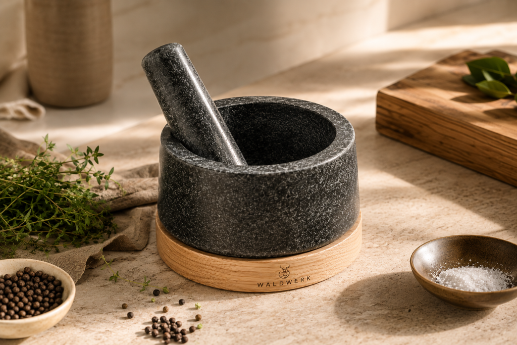 Mortier et pilon en granit noir sur socle en bois naturel.
