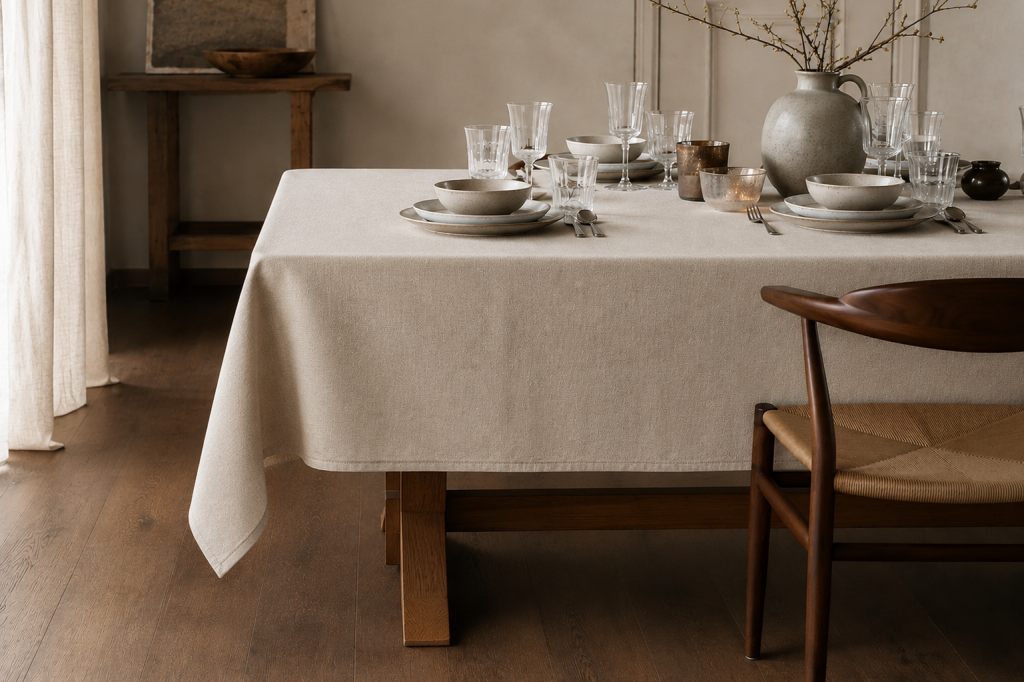 Nappe beige habillant une table de salle à manger dans une ambiance chaleureuse et raffinée.