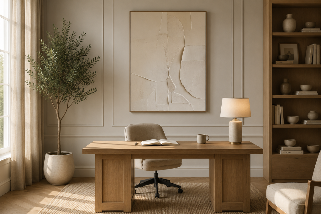 Grande œuvre murale abstraite dans un bureau élégant et contemporain