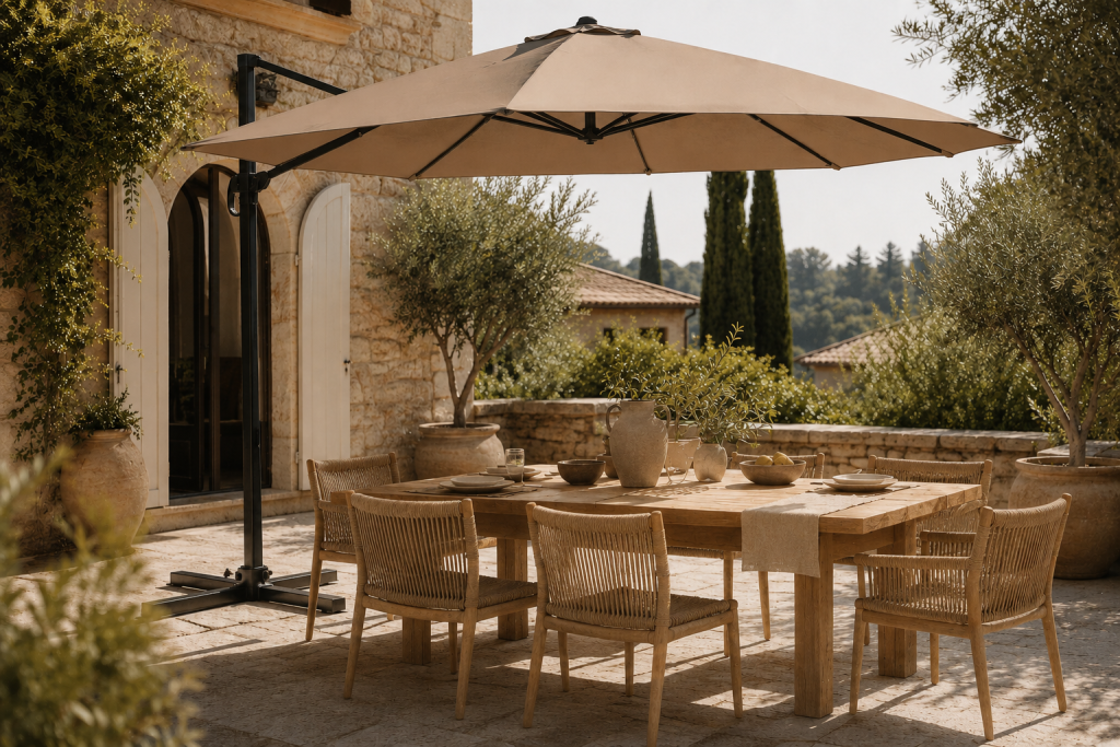 Grand parasol créant une zone d'ombre élégante au-dessus d'une table de repas extérieure.