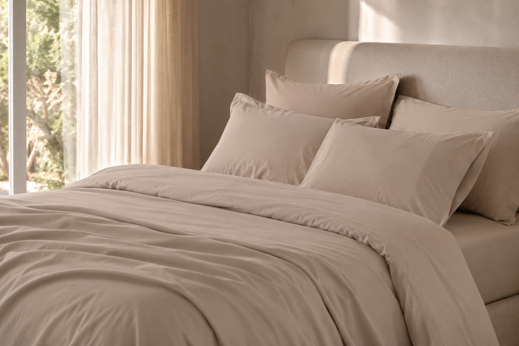 Parure de lit beige en tissu texturé disposée sur un lit dans une chambre lumineuse
