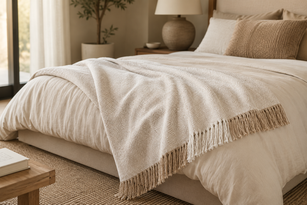 Plaid beige texturé disposé au bout d’un lit
