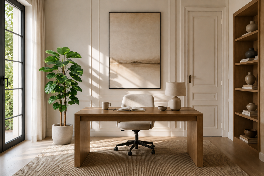 Ficus lyrata dans un cache-pot en céramique décorant un bureau lumineux