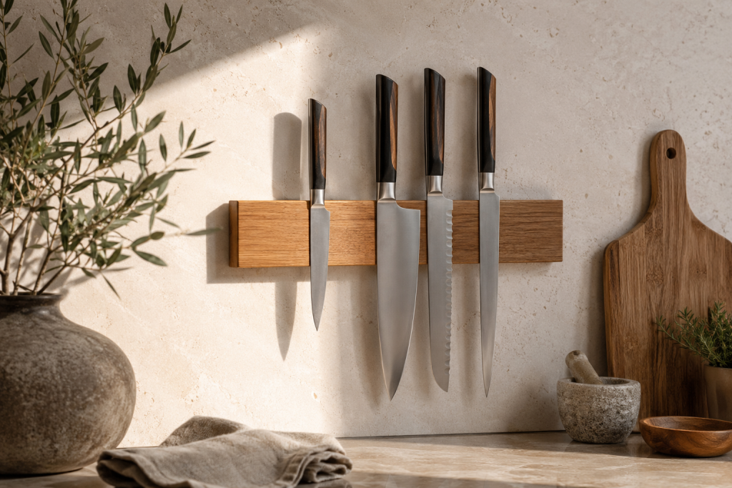 Porte-couteaux magnétique en bois avec couteaux de cuisine sur un mur en pierre naturelle.
