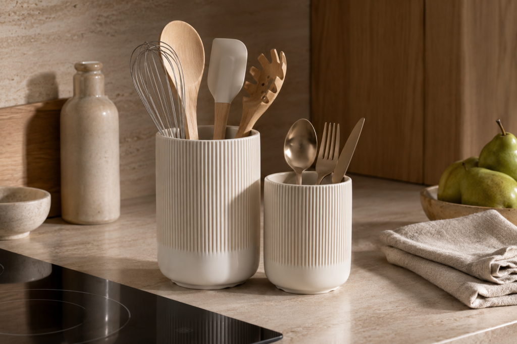 Pot à ustensiles en céramique beige rempli d'ustensiles sur un plan de travail en pierre naturelle.