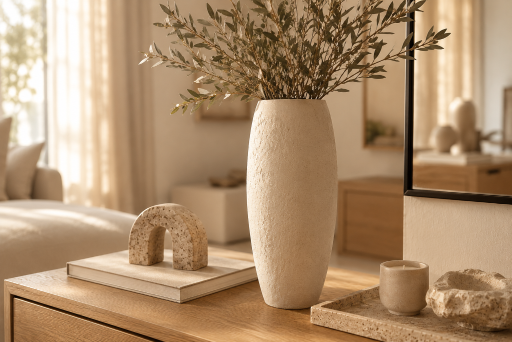Vase effet céramique beige texturé mis en scène avec des branches d'olivier sur une console en chêne, accompagné d'un plateau en travertin et d'objets décoratifs dans un intérieur quiet luxury.