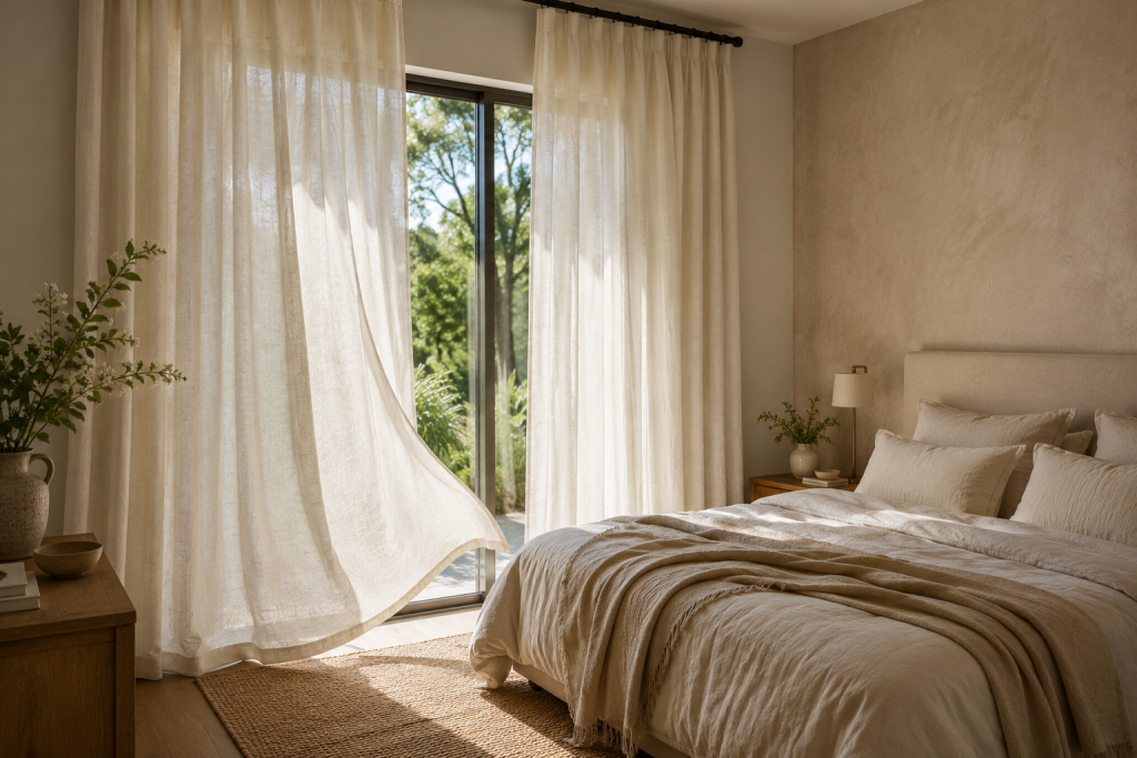Rideaux beige effet lin de 140 x 240 cm laissant filtrer la lumière naturelle
