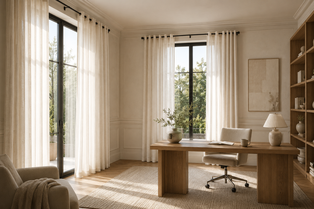 Rideaux en lin filtrant la lumière naturelle dans un bureau élégant
