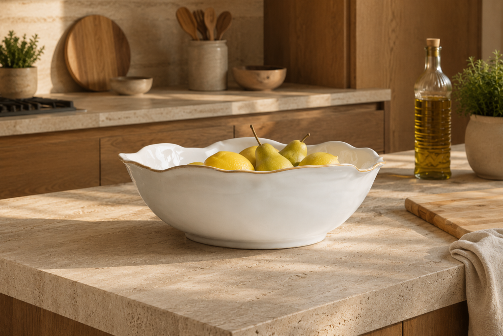 Grand saladier en céramique beige décoré de fruits frais sur un îlot de cuisine au style contemporain.
