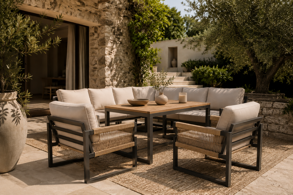 Salon de jardin beige installé sur une terrasse méditerranéenne élégante dans un esprit quiet luxury.