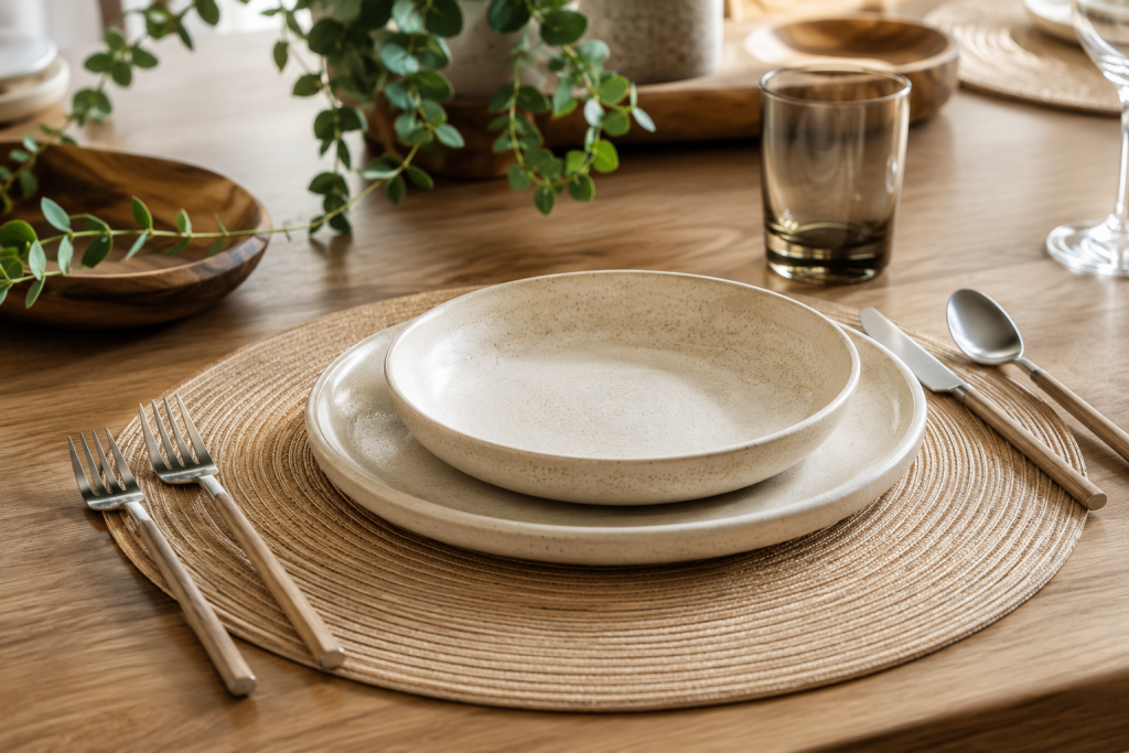 Sets de table tressés disposés sous une vaisselle en céramique sur une table élégante