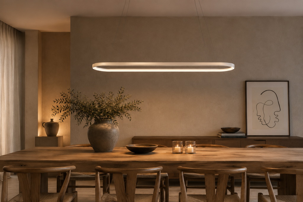 Suspension design au-dessus d'une table de salle à manger dans une décoration élégante et contemporaine.