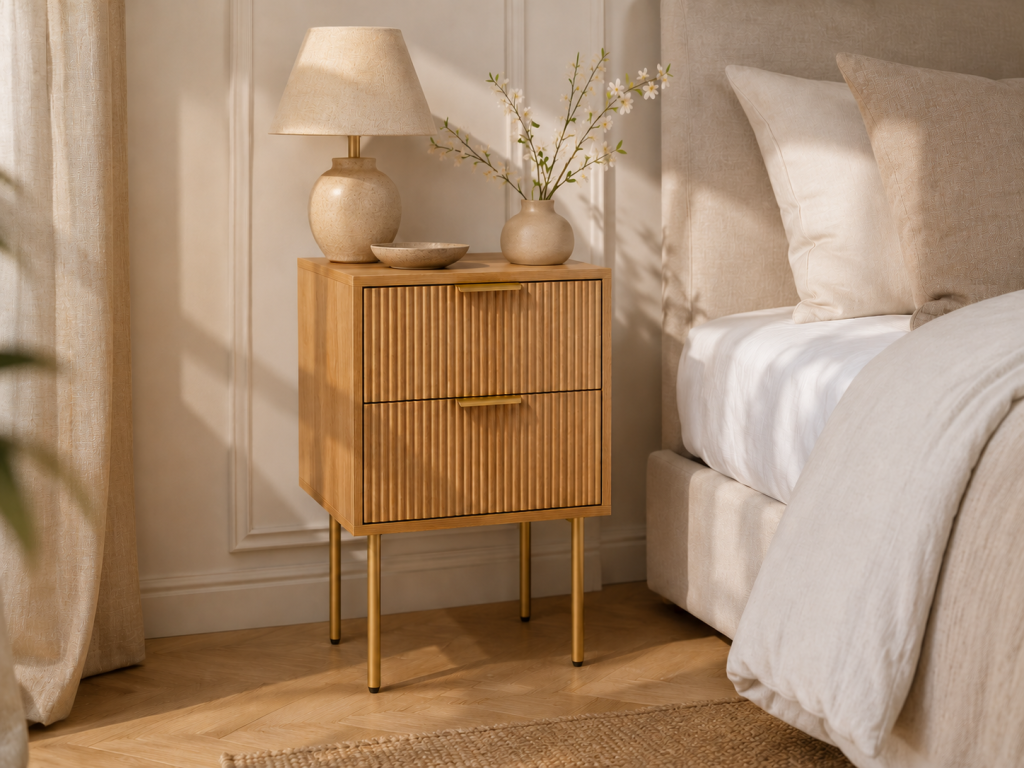 Table de chevet en bois clair décorée dans une chambre au style Maison Velora
