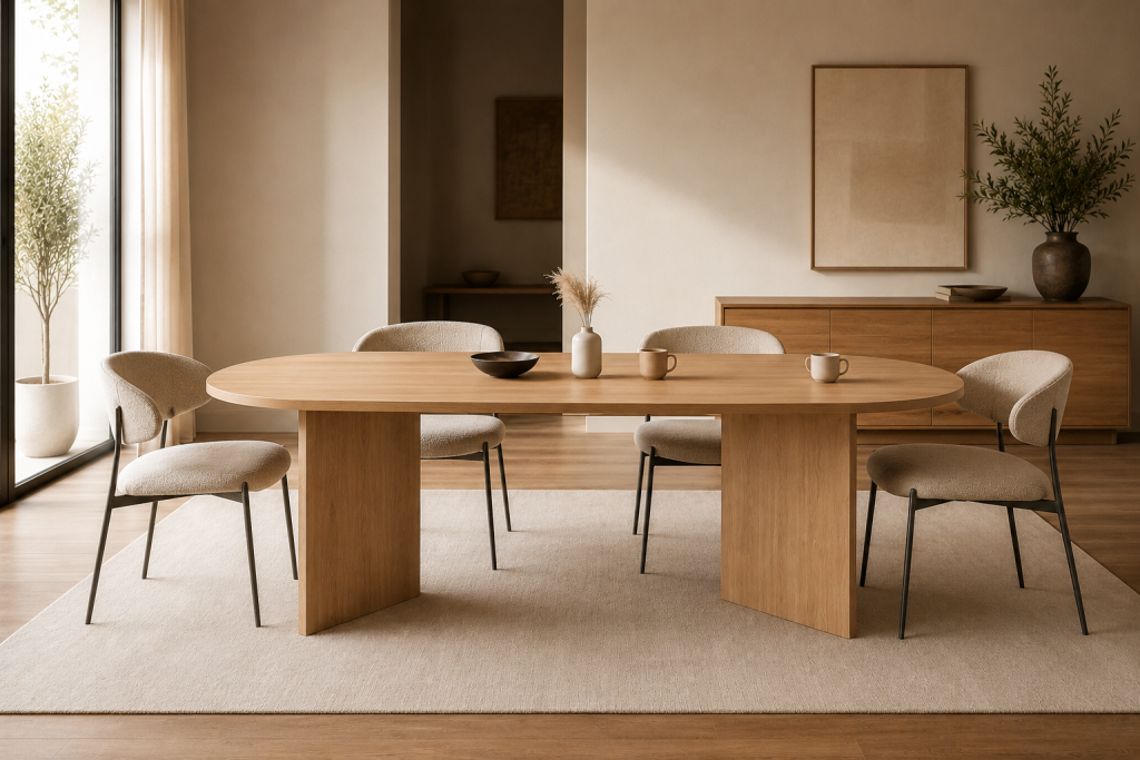 Table de salle à manger ovale à la finition effet chêne dans un intérieur contemporain