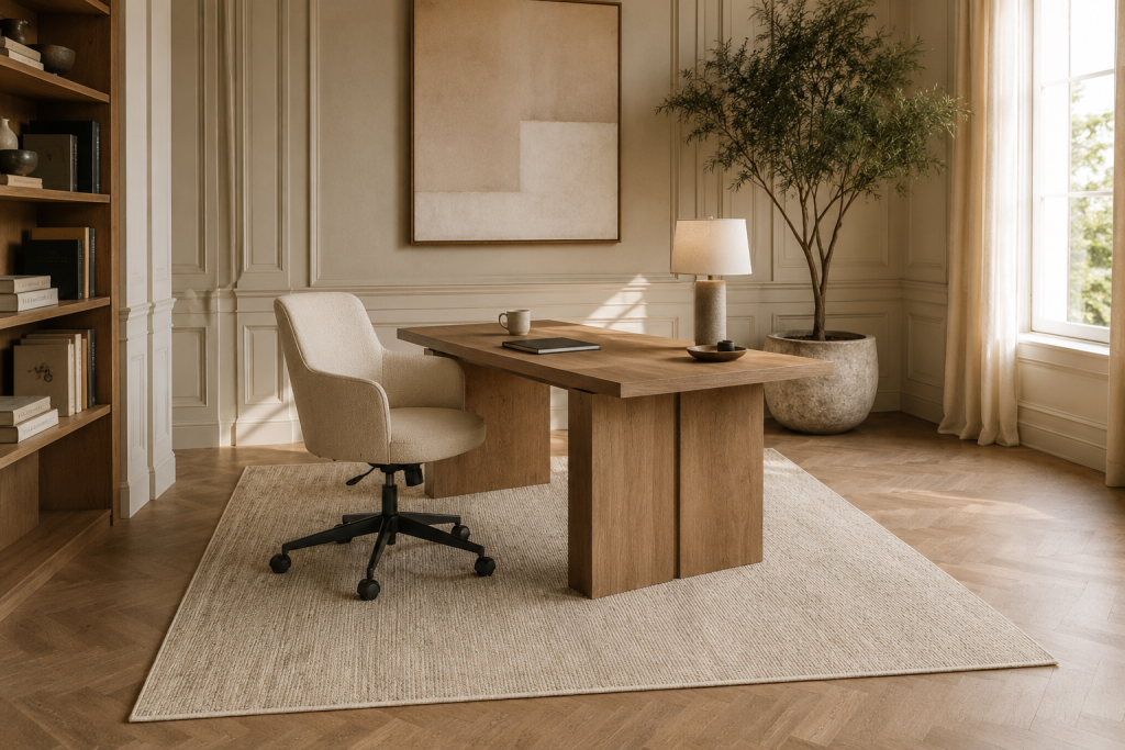 Grand tapis structurant un bureau moderne aux matières naturelles