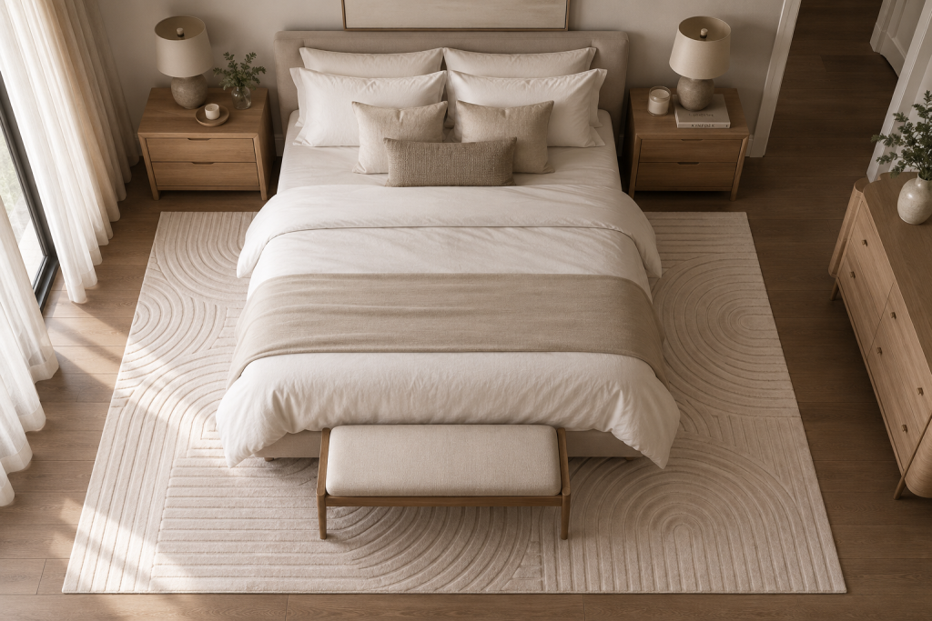 Grand tapis beige texturé de 160 x 230 cm installé sous un lit
