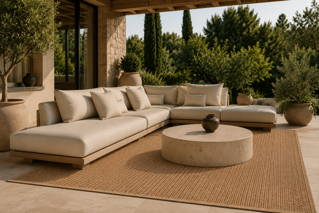 Grand tapis d'extérieur beige structurant un salon de jardin contemporain sur une terrasse lumineuse.