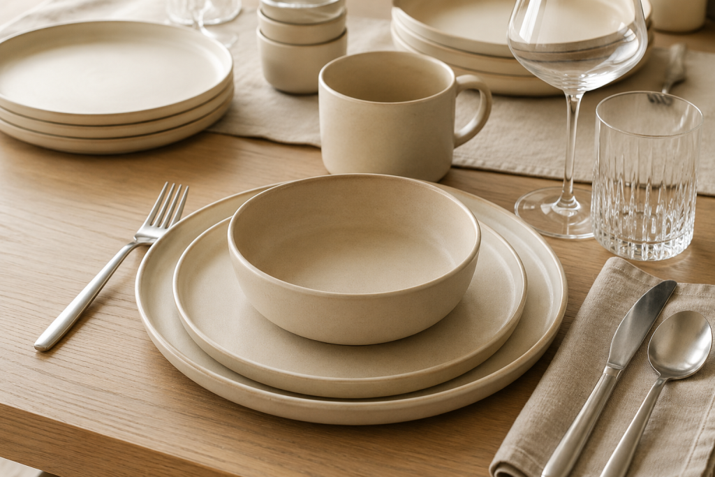 Service de table en céramique beige présenté sur une table de salle à manger élégante