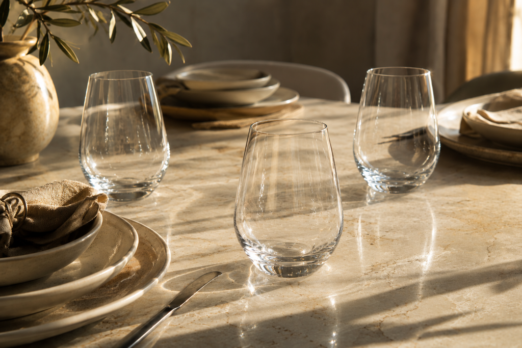 Verres en cristal disposés sur une table de salle à manger dans une décoration raffinée